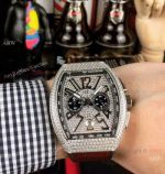 New Franck Muller Vanguard Chronograph Copy Watch SS Diamond Brown Leather Strap